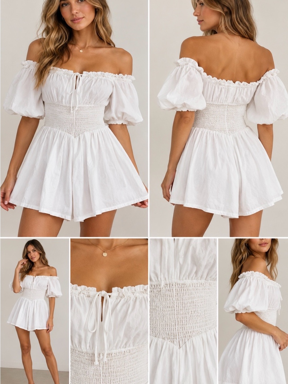 ASOS White Off-Shoulder Smocked-Waist Romper Shorts